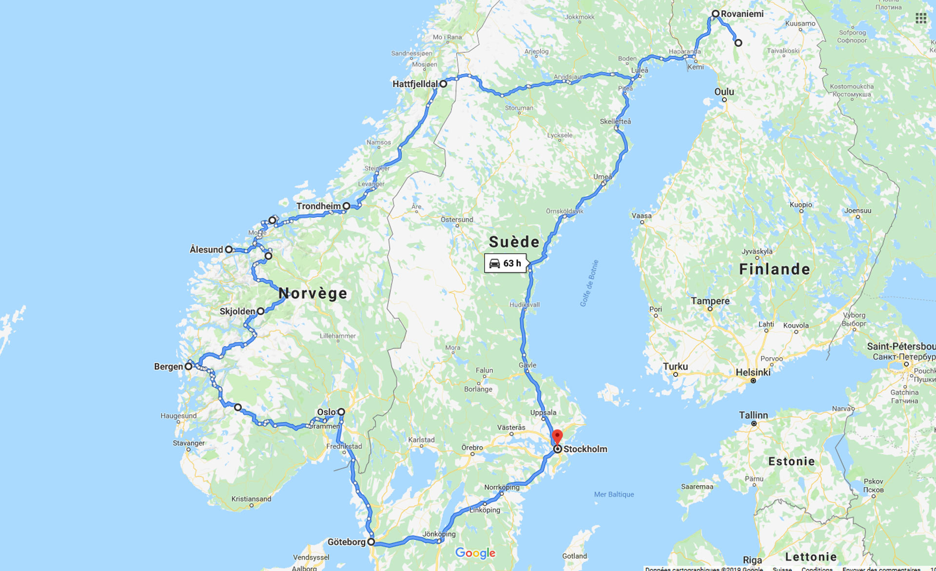 2019, scandinavie, carte, parcours